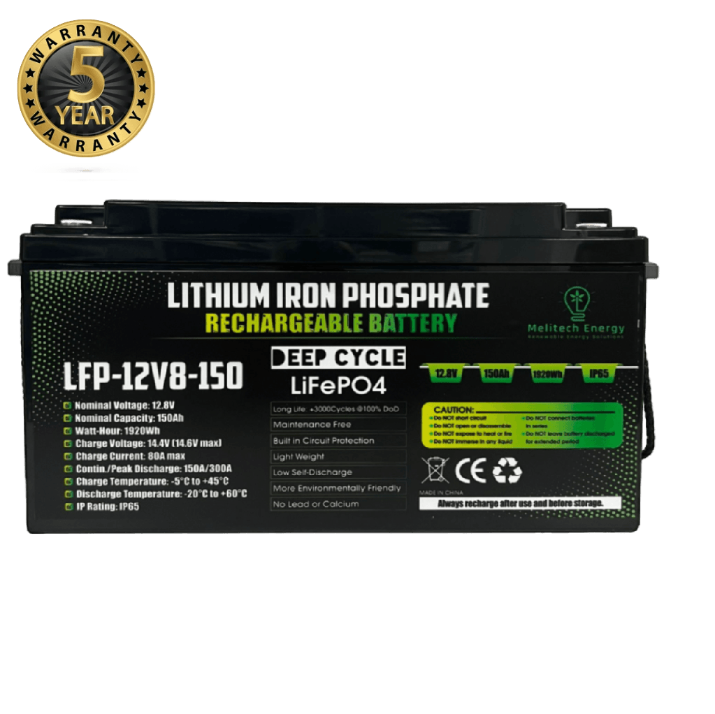 Battery-LiFePO4: 12.8V/150Ah (1920Wh) - 5 yrs Guarantee - Melitech Energy