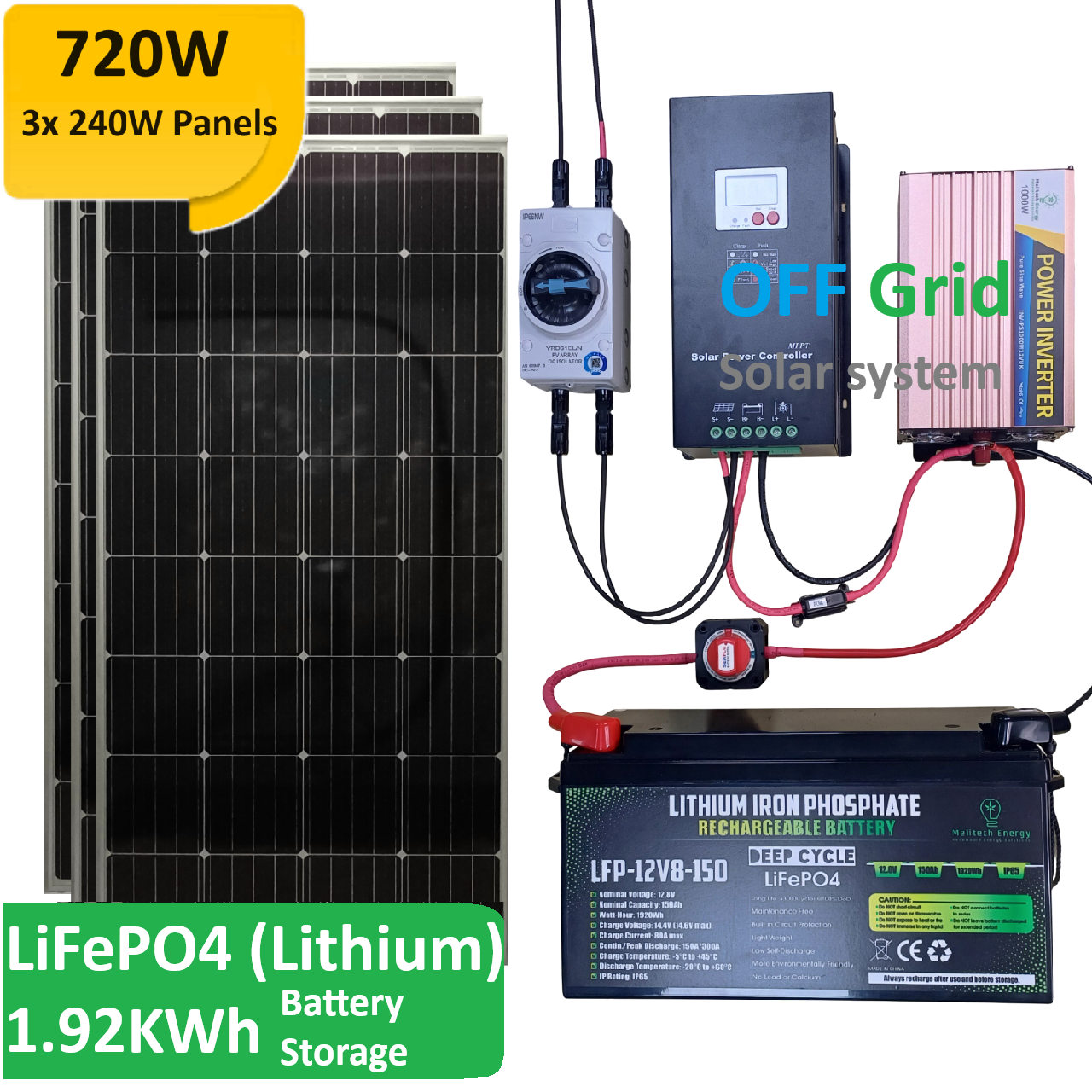 COMPLETE KIT: 720W PV, 60A MPPT, 1KW Inverter, 150Ah (1.92KWh) LiFePO4