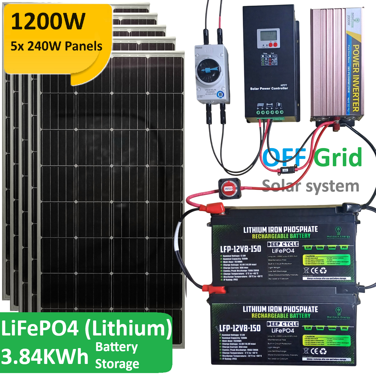 COMPLETE KIT:  1.2KW PV, 80A MPPT, 2KW Inverter, 300Ah (3.84KWh) LiFePO4