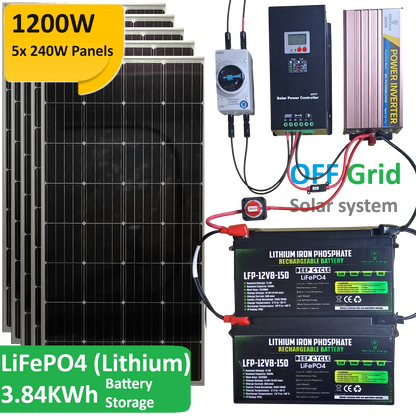 COMPLETE KIT:  1.2KW PV, 80A MPPT, 2KW Inverter, 300Ah (3.84KWh) LiFePO4