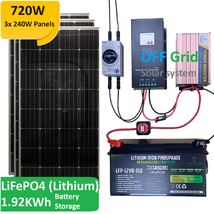 COMPLETE KIT:  720W PV, 60A MPPT, 1KW Inverter, 150Ah (1.92KWh) LiFePO4