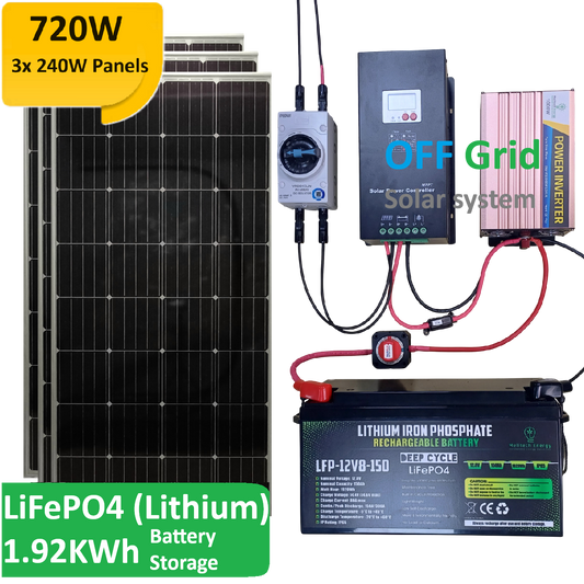 COMPLETE KIT:  720W PV, 60A MPPT, 1KW Inverter, 150Ah (1.92KWh) LiFePO4
